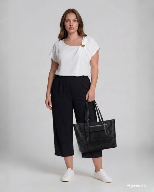 Borsa grande a spalla e tracolla in ecopelle traforata con taschina esterna e pochette removibile nero (più tracolla)