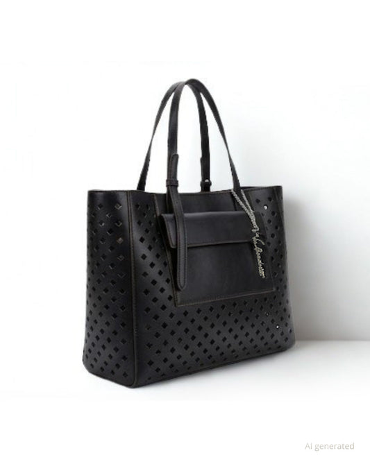 Borsa grande a spalla e tracolla in ecopelle traforata con taschina esterna e pochette removibile nero (più tracolla)