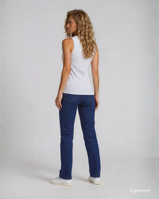 Jeans largo lavaggio scuro con pattine e bottoni