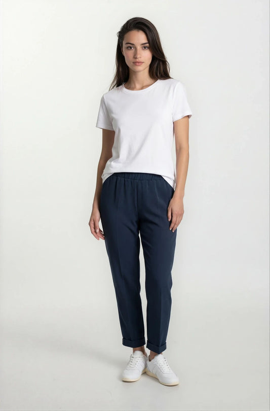 Pantalone bistretch con elastico e risvolto