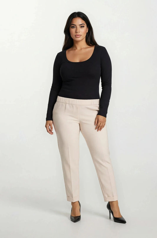 Pantalone bistretch con elastico e risvolto