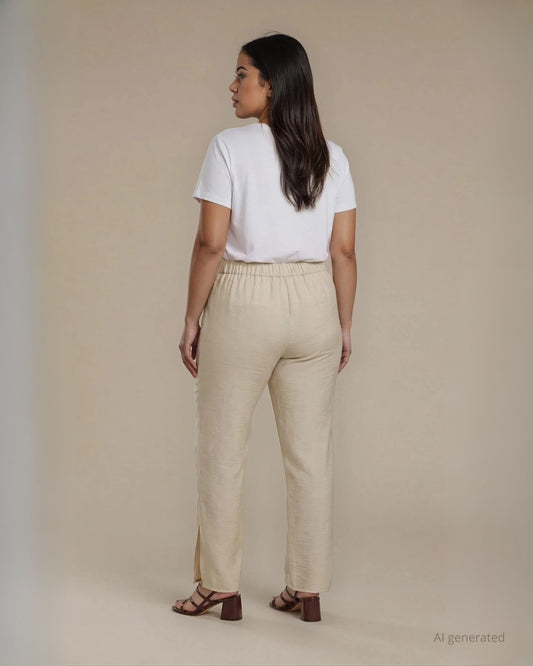 Pantalone lungo e dritto in tessuto unito con spacchi sul fondo beige curvy