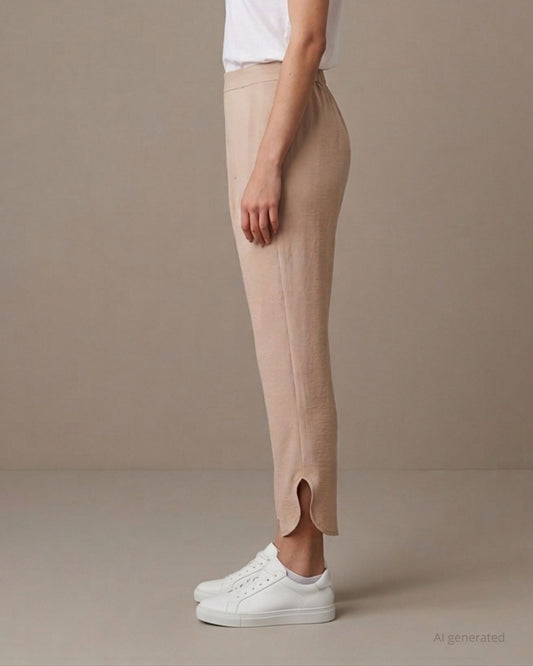 Pantalone in crêpe di viscosa sabbia con elastico posteriore e spacco stondato sul fondo