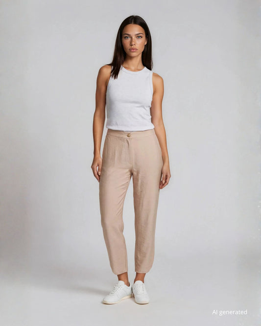 Pantalone in crêpe di viscosa sabbia con elastico posteriore e spacco stondato sul fondo