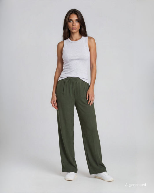 Pantalone palazzo in viscosa bollito con elastico in vita verde militare