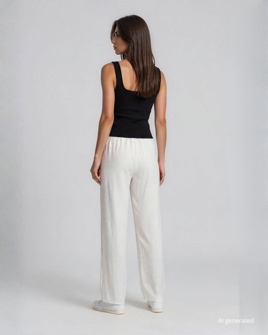 Pantalone palazzo in viscosa bollito con elastico in vita bianco