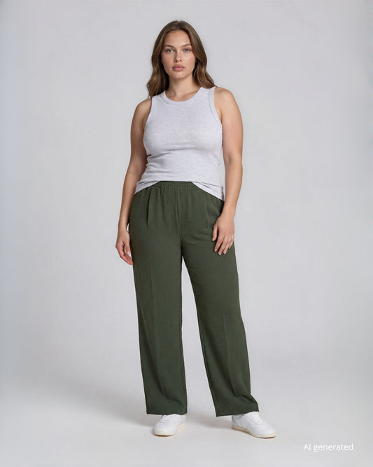 Pantalone palazzo in viscosa bollito con elastico in vita verde militare curvy