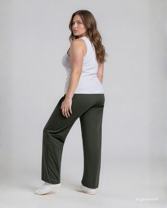Pantalone palazzo in viscosa bollito con elastico in vita verde militare curvy