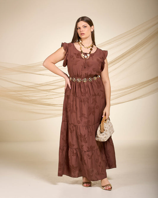 Vestito lungo in viscosa jacquard a balze color cioccolato con motivo floreale curvy