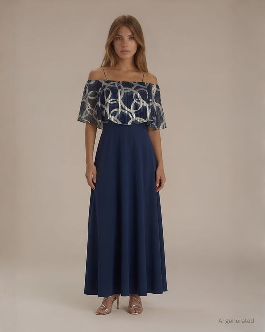 Vestito lungo con mantellina fantasia blu in chiffon filo lurex e spalline gioiello