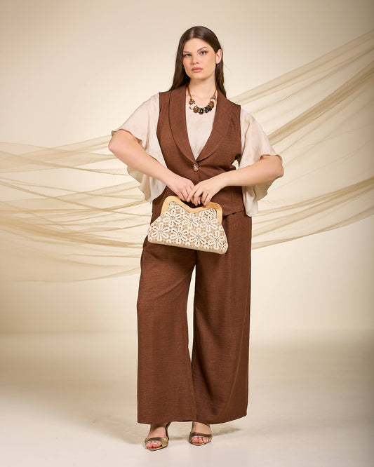 Pantalone con elastico e pinces in vita tabacco curvy