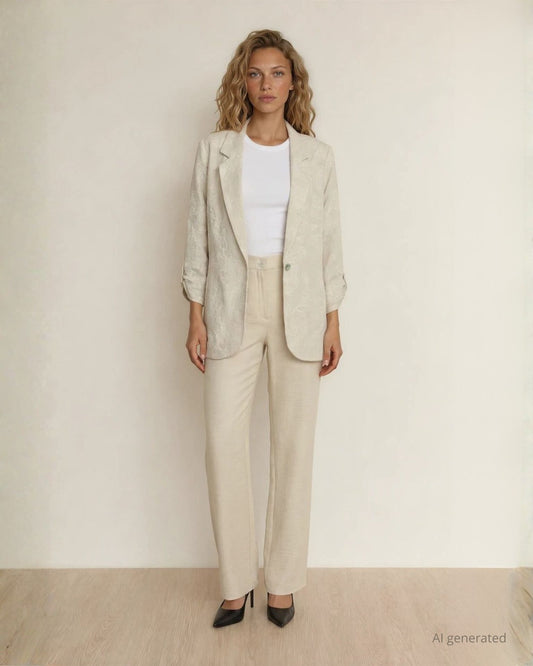 Giacca in tessuto unito ricamato con manica risvoltata e linguette con bottoncino beige
