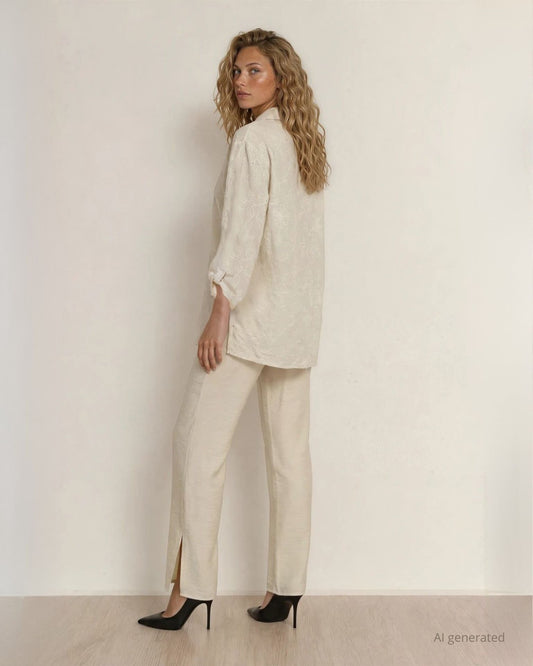 Pantalone beige lungo e dritto in tessuto unito con spacchi sul fondo