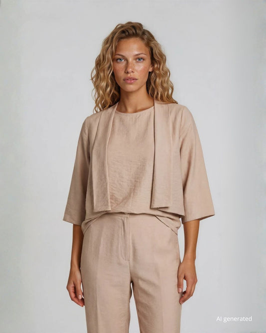 Bolerino corto in crêpe di viscosa sabbia con maniche svasate