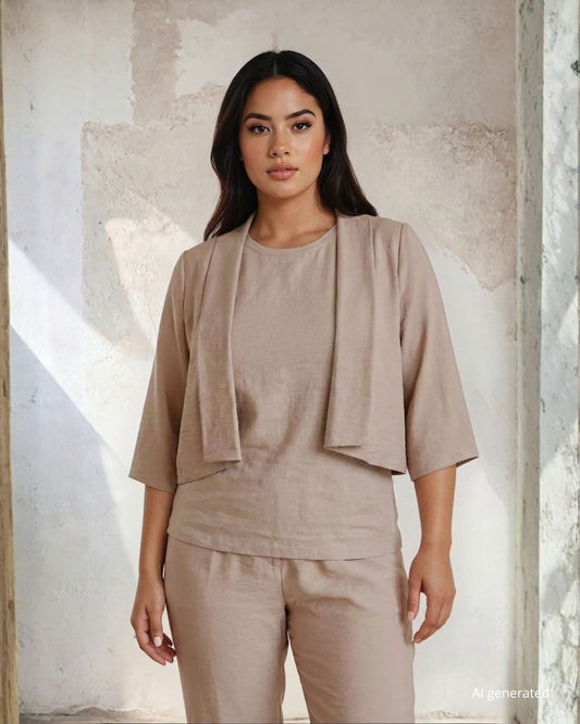 Bolerino corto in crêpe di viscosa sabbia con maniche svasate curvy