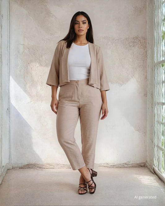 Bolerino corto in crêpe di viscosa sabbia con maniche svasate curvy