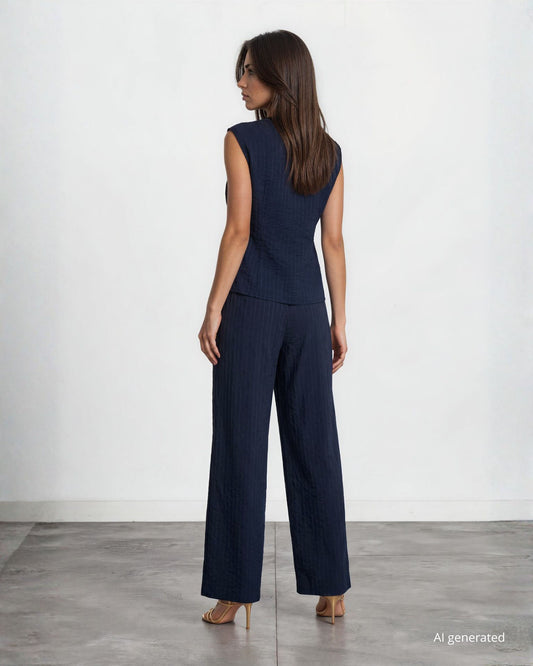 Gilet in viscosa effetto gessato blu con scollo a V e bottoni frontali
