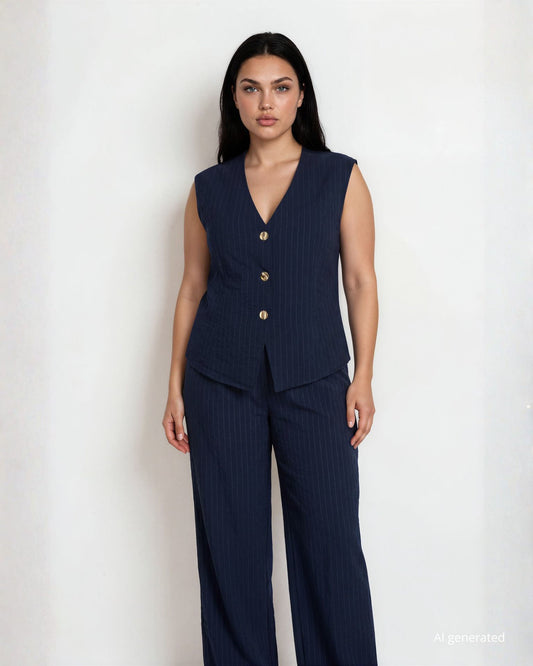 Gilet in viscosa effetto gessato blu con scollo a V e bottoni frontali curvy