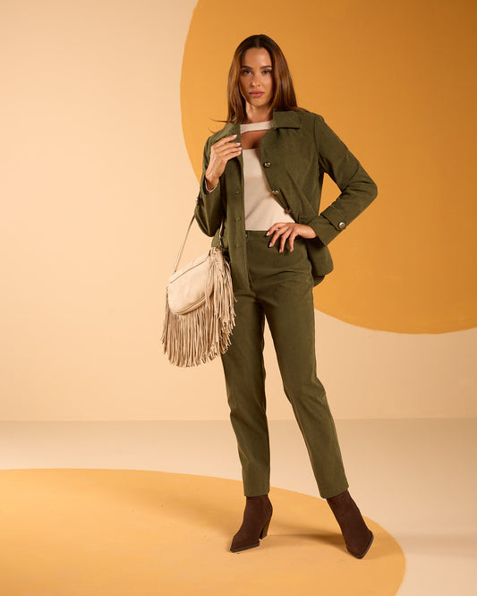 Pantalone effetto velluto a coste con zip e cinturino