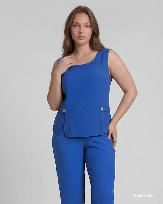 Top in viscosa color denim con spacchetti e bottoncini in madreperla sul fronte curvy
