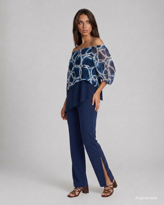 Pantaloni blu con elastico in vita e profondi spacchi laterali sul fondo