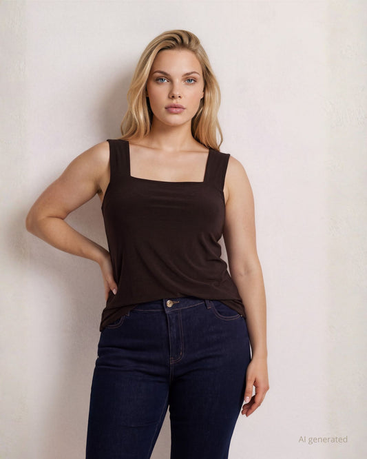 Top in cady fluido caffè con scollo quadrato sbieco curvy