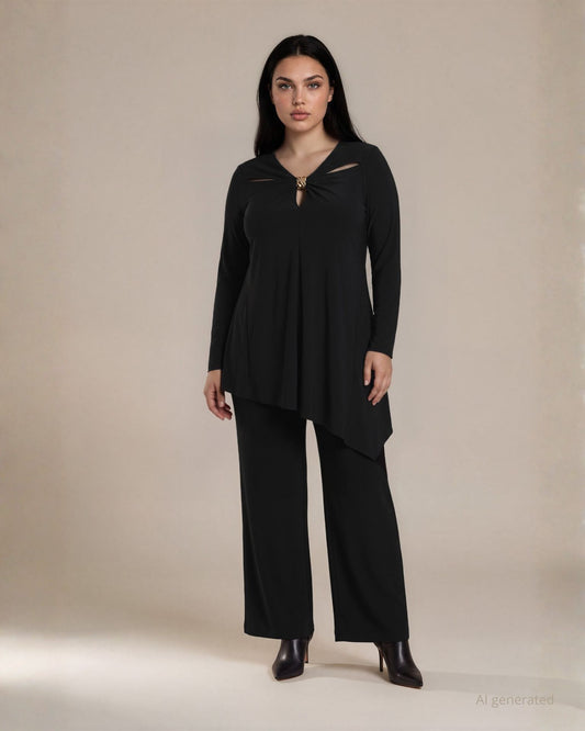 Casacca in jersey con aperture sullo scollo e accessorio dorato curvy