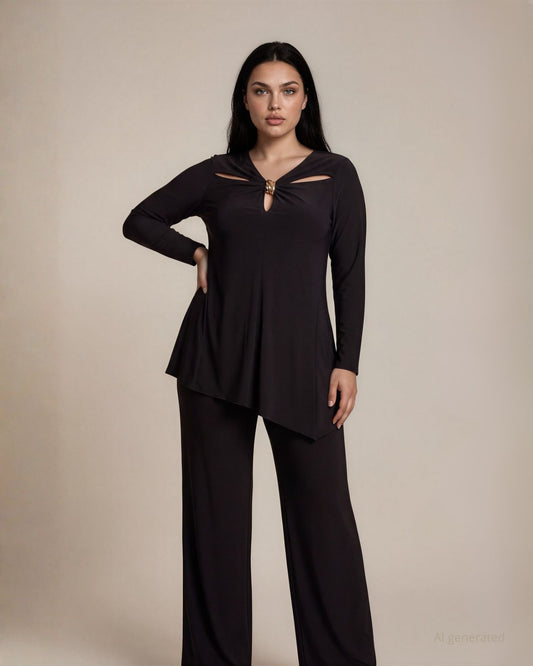 Casacca in jersey con aperture sullo scollo e accessorio dorato curvy