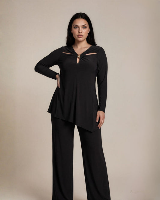 Casacca in jersey con aperture sullo scollo e accessorio dorato curvy