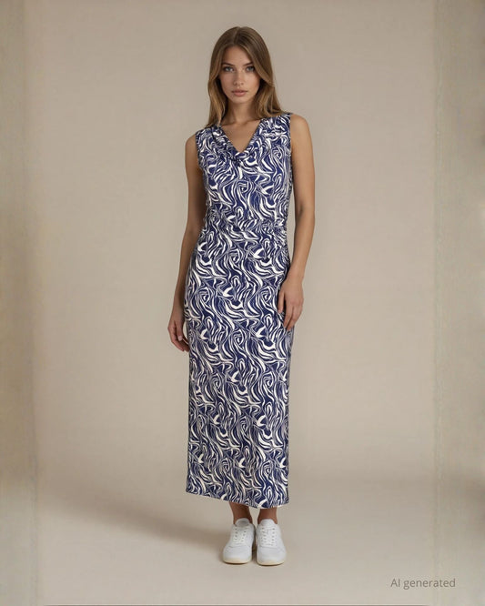 Vestito lungo aderente con scollo a cappuccio e drappeggio