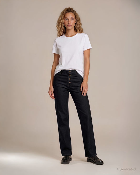 Jeans scuro largo con tasche e bottoni gioiello frontali