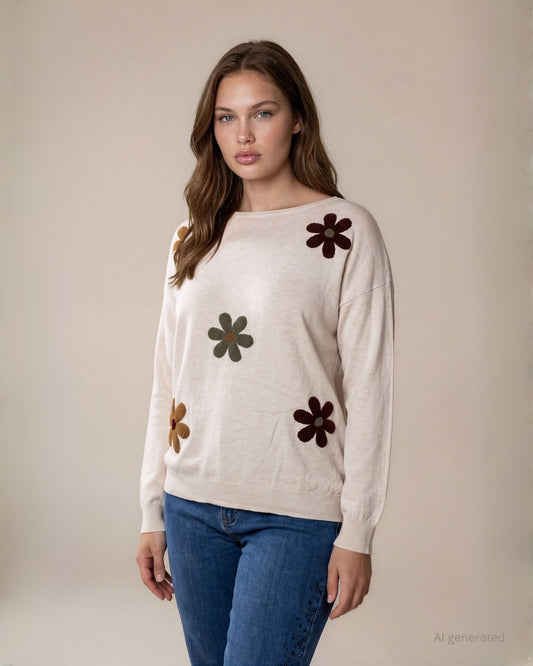 Maglia spalla scesa con intarsi di fiori sul fronte curvy
