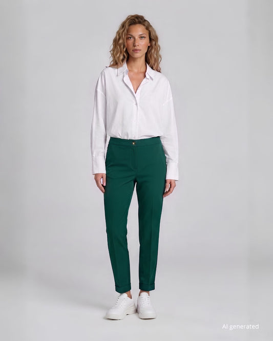 Pantalone in cady fluido foresta con zip e risvoltino sul fondo