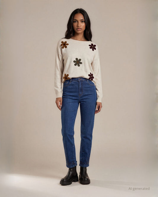 Maglia spalla scesa con intarsi di fiori sul fronte