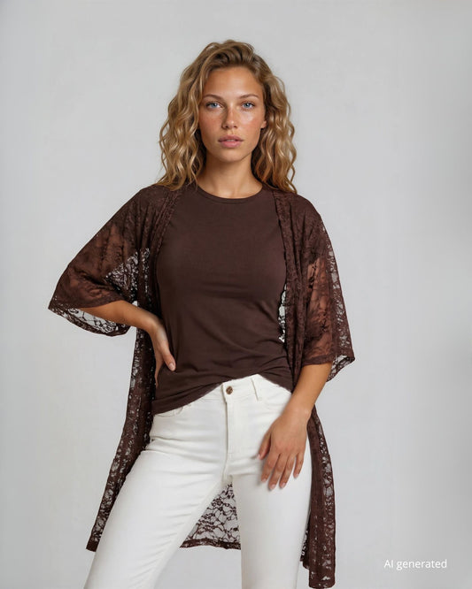 Caban lungo cioccolato in pizzo elasticizzato con maniche ad ala