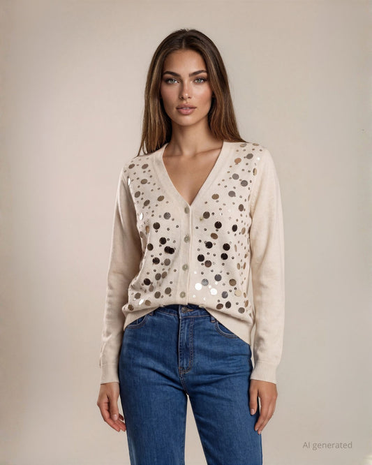 Cardigan in maglia con ricami di paillettes e bordi a coste