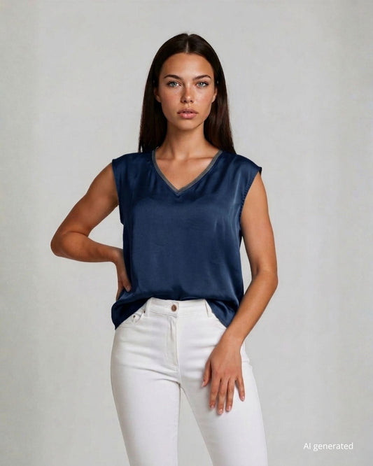 Casacca in raso con dettaglio di bordi in maglia lurex sullo scollo blu