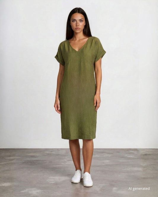Vestito corto svasato in misto viscosa con risvolti e tasche militare