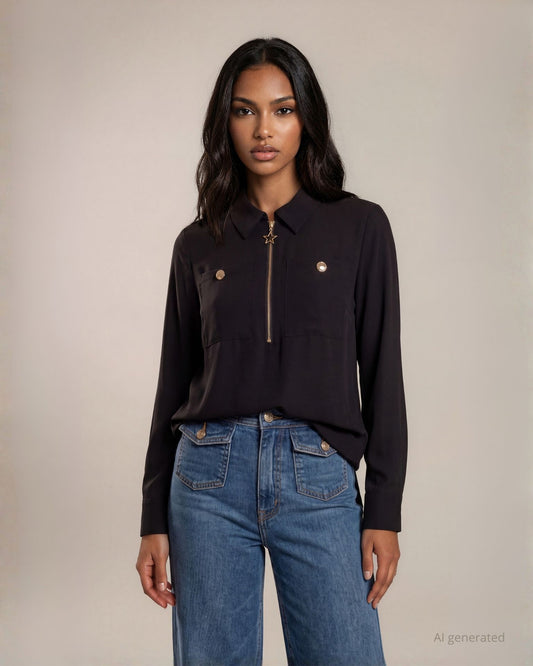 Camicia in crepe maniche tre quarti con colletto e tasconi