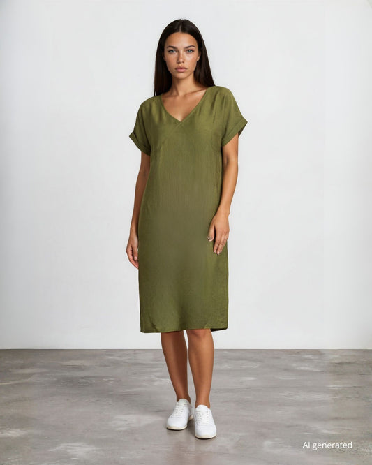 Vestito corto svasato in misto viscosa con risvolti e tasche militare