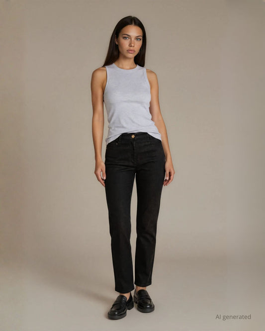 Pantalone in bengalina trama diagonale con cinque tasche e bottone nero