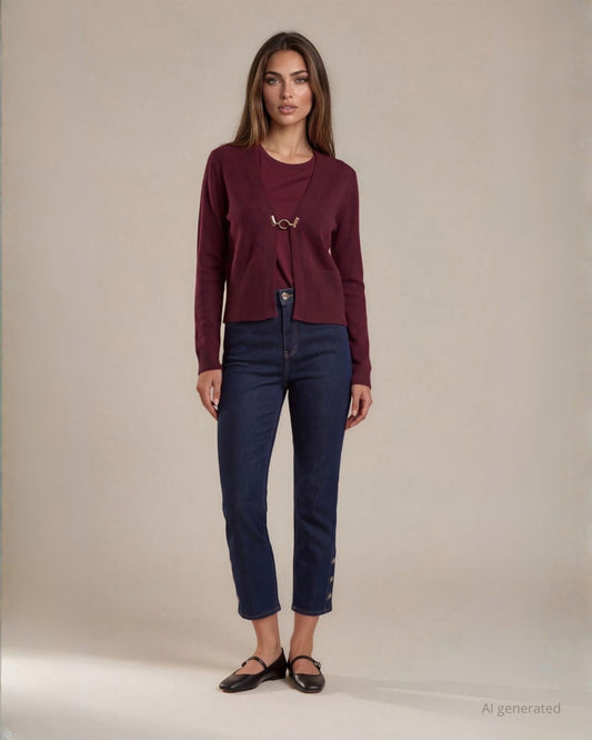 Cardigan aperto con gancio dorato e bordi alti a coste merlot