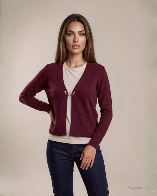 Cardigan aperto con gancio dorato e bordi alti a coste merlot