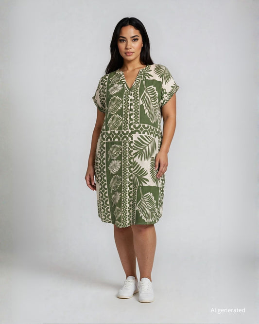 Vestito corto in viscosa fantasia foglie verde con maniche a kimono con risvolto
