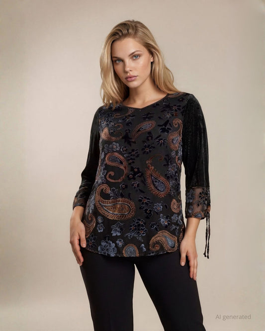 Casacca in ciniglia e georgette devorè con laccetti ai polsi curvy