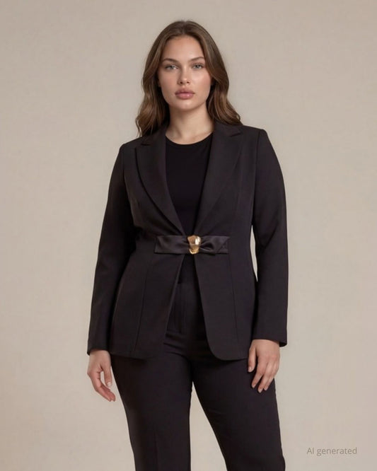 Giacca in bistretch collo revers con fibbia in ecopelle e accessorio in vita curvy