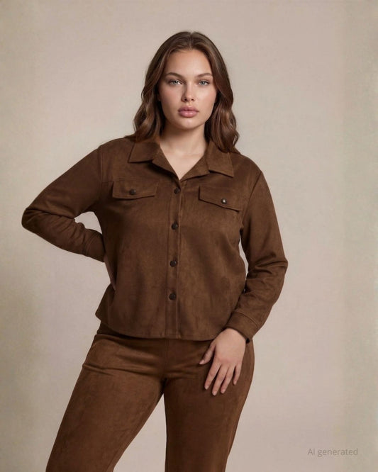 Giacca camicia in scubasuede con bottoni in ecopelle e pattine curvy
