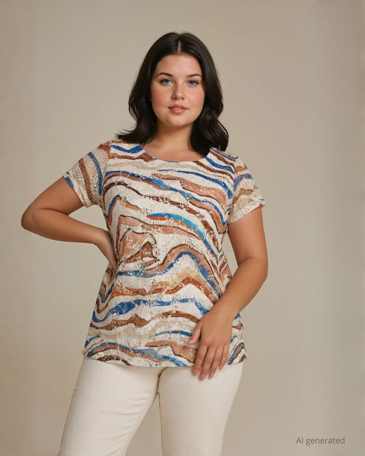 Casacca in rete fantasia onde con inserto in pizzo sul fronte