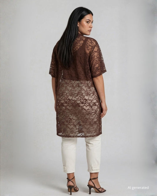 Caban lungo cioccolato in pizzo elasticizzato con maniche ad ala curvy