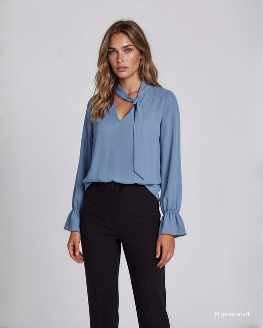 Camicia in georgette con sciarpa sullo scollo e volant ai polsi